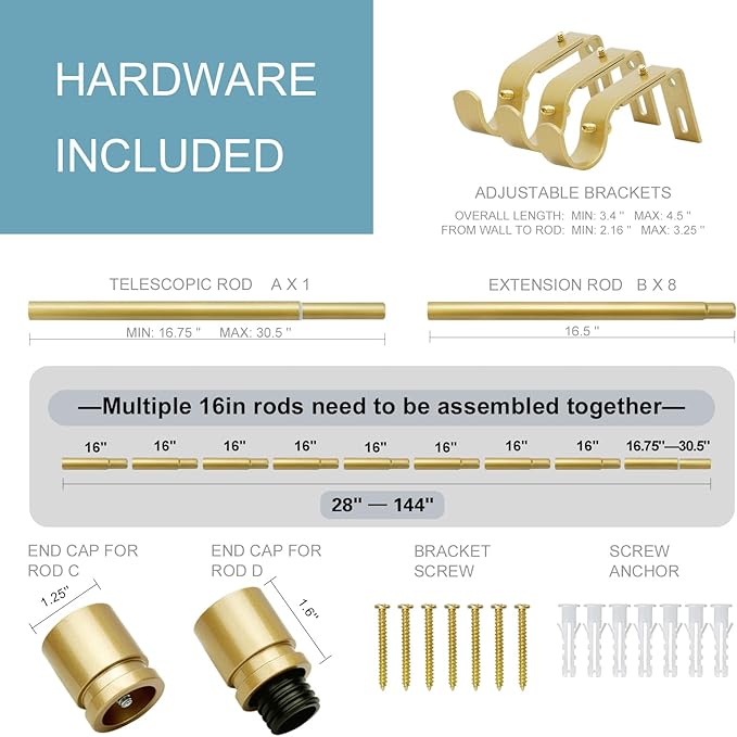Curtain Rods for Windows 16 to 144 Inches Adjustable Length 1 Inch Diameter Window Curtain Rod with Aluminium Finials, Flash Gold
