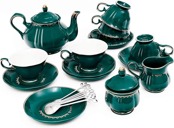 CHENP.HMC Tea Set 22-Piece Porcelain Ceramic Coffee Tea Sets Cups Saucer Service for 6 Teapot Sugar Bowl Creamer Pitcher and Teaspoons Porcelain Tea Set(Dark Green)