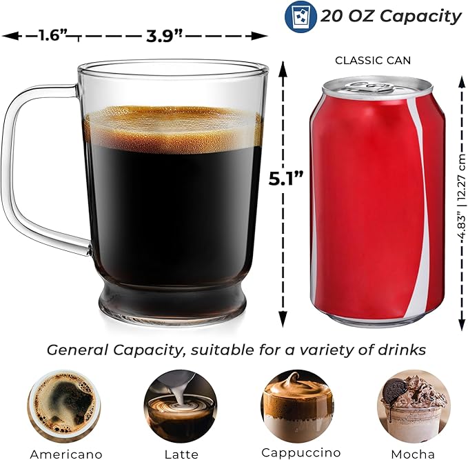 Aquach Set of 2, 20-Ounce Glass Coffee Mugs with Handle - Heat Resistant, Clear Cups for Daily Use
