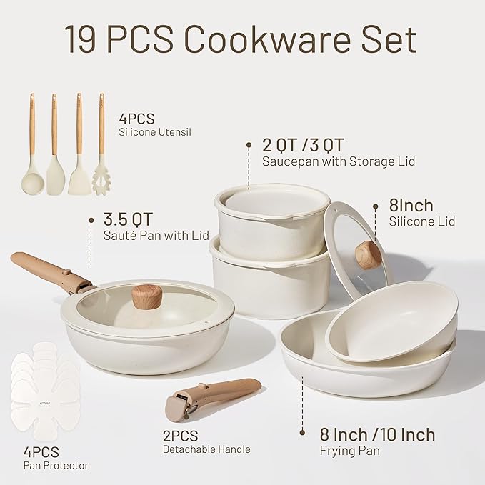 CAROTE 19pcs Pots and Pans Non Stick, Cookware Sets Detachable Handle, Induction Kitchen Pots and Pans,NonStick Cooking Set, Oven/Dishwasher/Fridge Safe, Space Saving