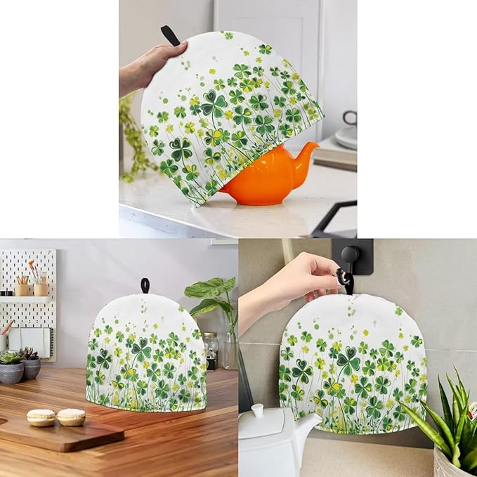 Tea Cozy for Teapots with Handle, St. Patrick's Day Shamrock Print Dust Insulated Cover, Hanging Fold-Up Design, Suitable for Kitchen and Living Room Table Decoration