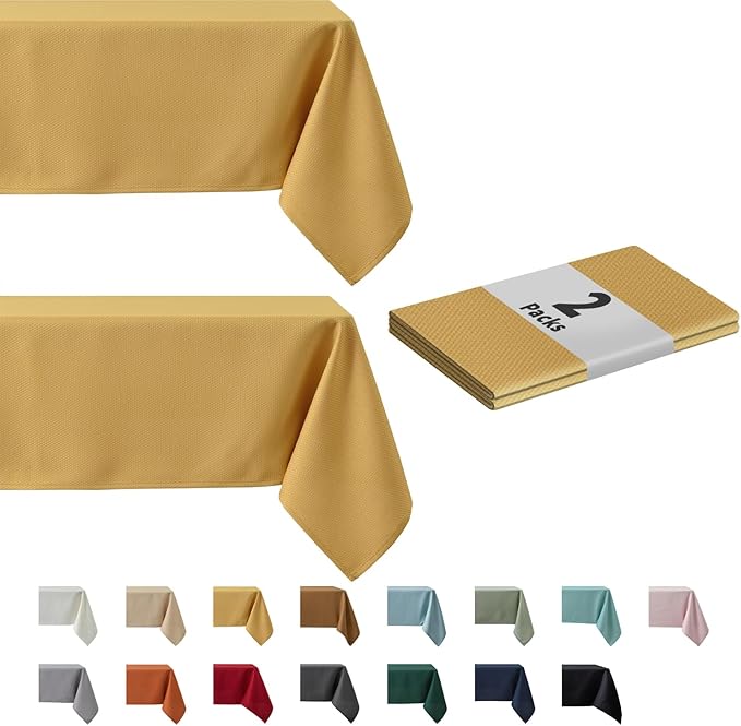 maxmill 2 Pack 60 x 84 Inch Ochre Yellow Textured Rectangle Tablecloth Water Resistant Wrinkle Free Spillproof, Soft Jacquard Table Cloth for Banquet Parties Holiday Dinner, Indoor and Outdoor Use