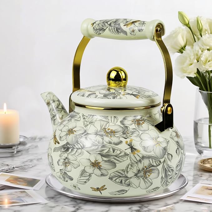 2.5L Vintage Enamel Tea Kettle, Dragonfly Floral Stovetop Teapot with Porcelain Handle, Enamel Kettle for Home/Camping/Tea Party, Ideal Christmas/Housewarming Gift
