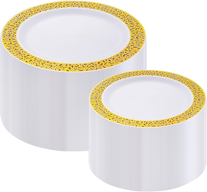 I00000 200 Pcs White and Gold Plastic Plates, Disposable Plastic Plates for 100 Guests Include: 100 Pcs Dinner Plate 10.25” and 100 Pcs Dessert Plate 7.5” Perfect for Party and Wedding
