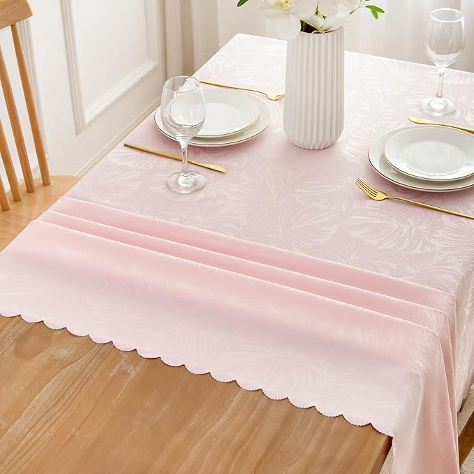 Pink Table Cloth for Rectangle Tables Jacquard Fabric Rectangular Tablecloth Waterproof Washable Leaves Soft Table Cover for Kitchen Dining Outdoor Birthday Party Banquet Decor (60X84 In)