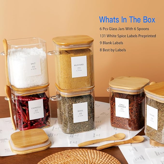 6 Pcs Square Glass Jar with Bamboo Lid and Spoon - 27 oz Large Sugar Container with 148 Kitchen Pantry Spice Jar Labels Preprinted - Glass Containers with Wooden Lids Hold Coffee, Tea, Candy