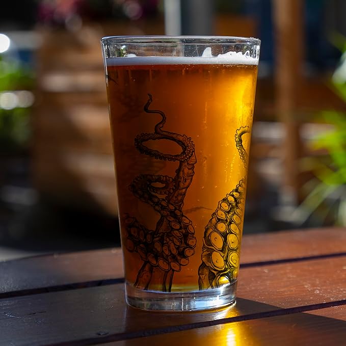 Black Lantern Nature Themed Pint Glasses Set of 2 – Pint Glasses in Unique Designs for Craft Beer Enthusiasts - Set of Two 16oz. Glasses with Octopus Tentacles Screen Print
