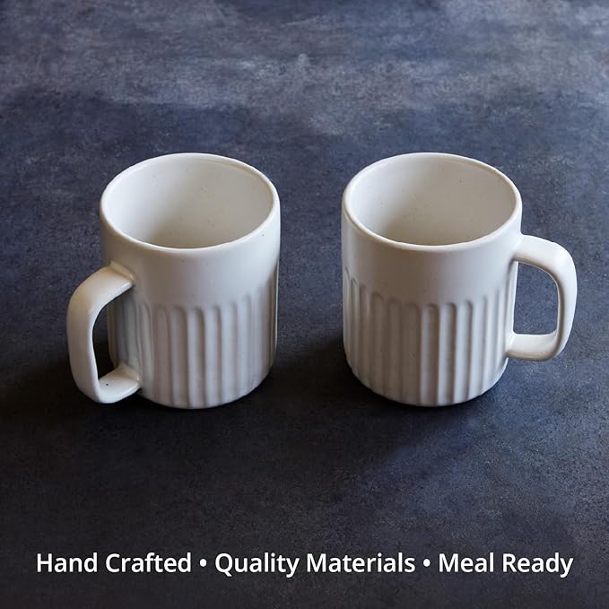 Goodies White Ribbed Coffee Mugs (Set of 4), Handmade Ceramic, Glazed, Dishwasher Safe, Microwave Safe, Secure Grip, Ergonomic Shape, Modern, 9 oz