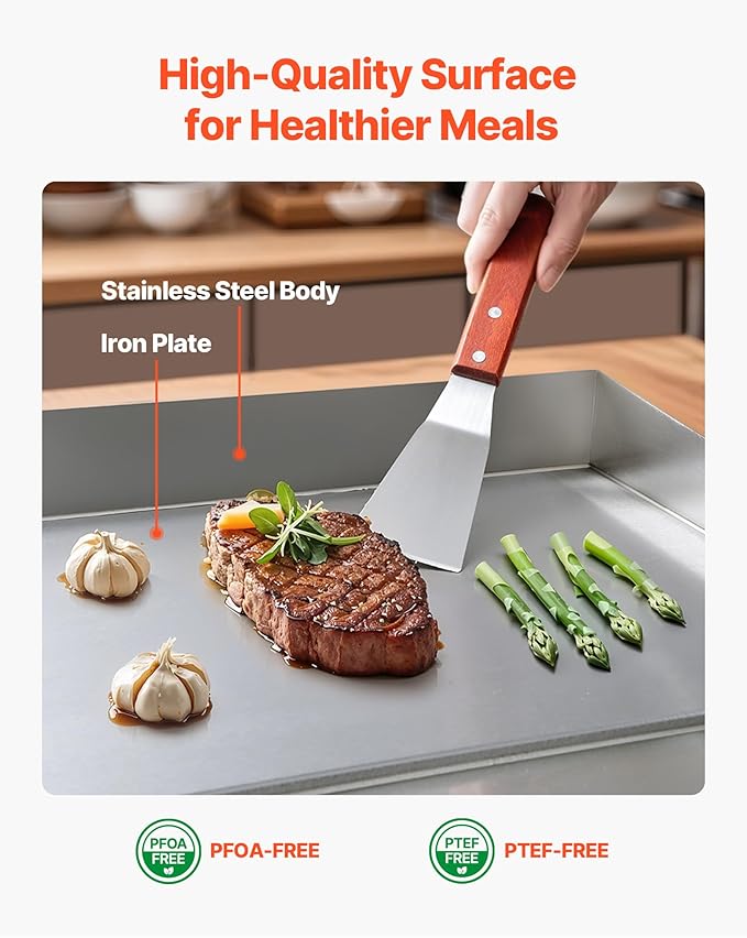 VEVOR Commercial Electric Griddle, 28.54 x 15.75 in, 4400W, 122-570°F Adjustable Temp Control, Stainless Steel Countertop Full Flat Top Grill with 2 Spatulas and 2 Brushes, for Steak, Pancake, Squid