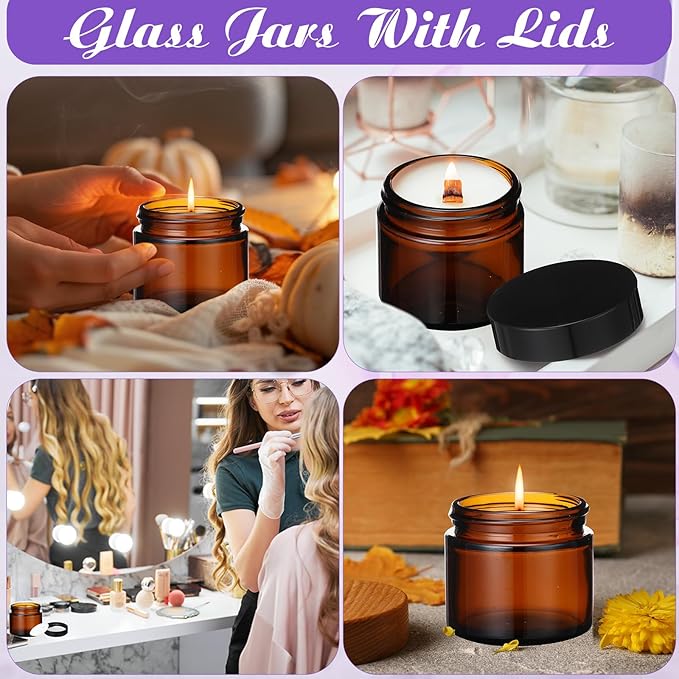 2 oz Glass Jars with Lids, Clear Candle Jars with Black Lids Round Empty Candles Container Tins for Candle Making Storing Lotions Spice Powder Liquid Sample Makeup (12, Amber)
