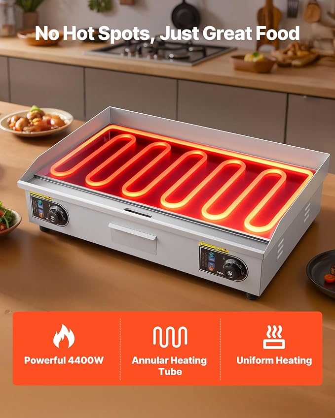 VEVOR Commercial Electric Griddle, 28.54 x 15.75 in, 4400W, 122-570°F Adjustable Temp Control, Stainless Steel Countertop Full Flat Top Grill with 2 Spatulas and 2 Brushes, for Steak, Pancake, Squid