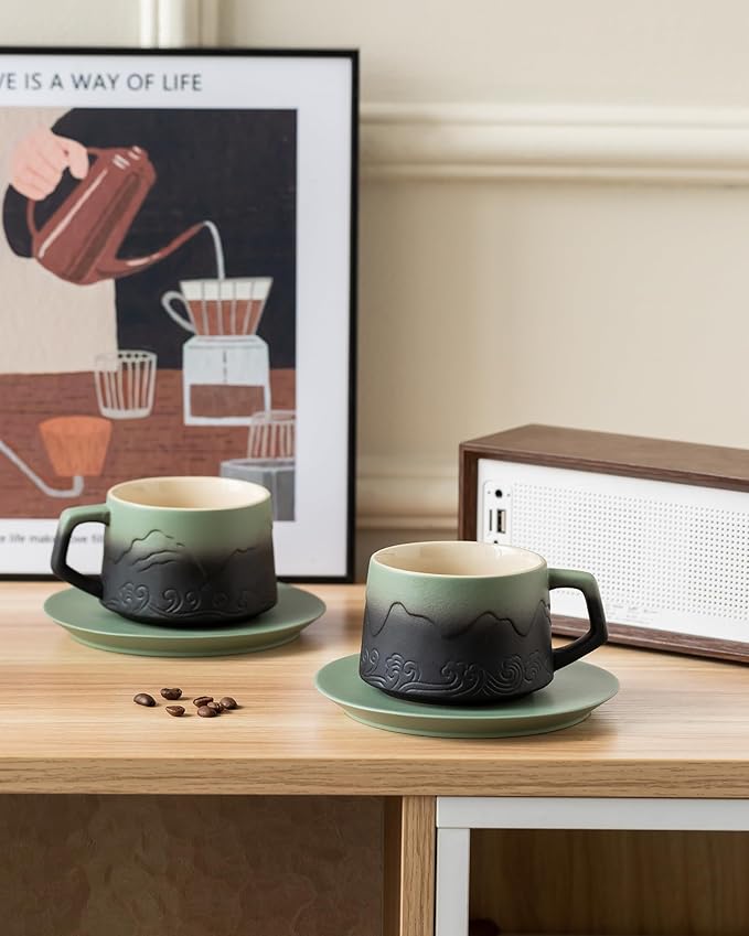 ZENS 8 Ounce Artistic Cappuccino Cups Set of 2, Embossed Ceramic Coffee Mug with Saucers for Latte Art, Moss Green & Black
