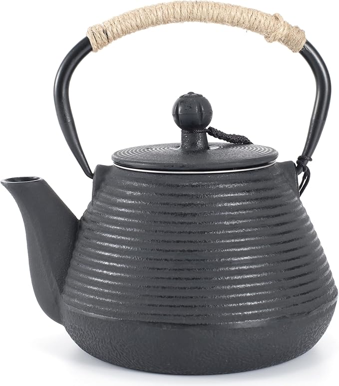 Cast Iron Teapot, 35oz Tea Kettle Stovetop Safe with Infuser for Loose Leaf, Japanese Tea Pot Coated with Enameled Interior, 1000ml Black