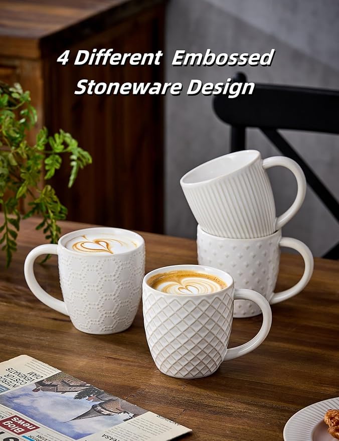 14oz Embossed Ceramic Coffee Cups - Set of 4, Lead-Free Microwave & Dishwasher Safe Coffee Mugs for Home Office Café Tea Cocoa