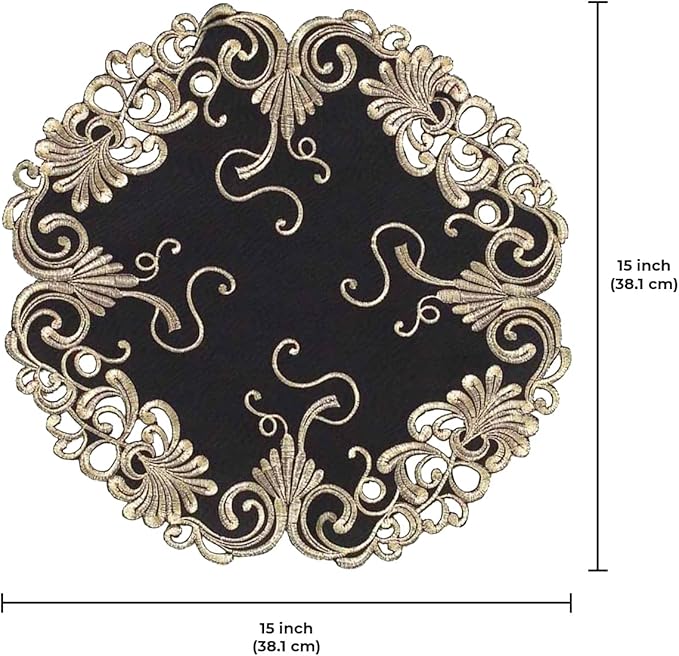 Decozen Set of 12 Doilies for Table, Lace Doilies - Rustic, Crochet, Farmhouse, Kitchen, Dining Table Centerpiece Decor - Round Christmas Placemats 15 inch Gold Black, The Chantelle Collection
