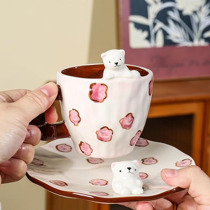 Cute Ceramic Coffee Mug, Handmade Polar Bear Tea Cups and Saucers for Women Tea Party, Latte Milk Cappuccino 8OZ (Pink Polka Dots)