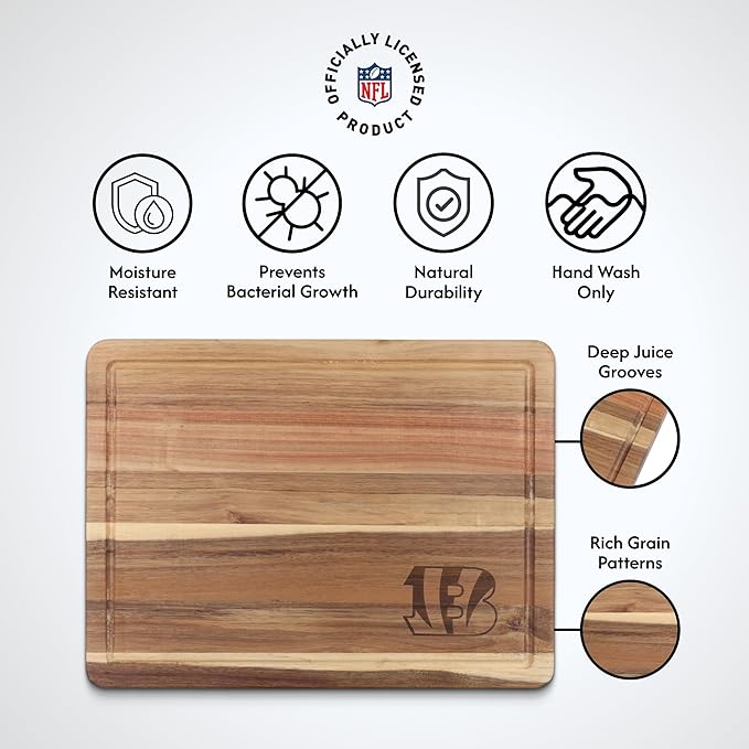 The Memory Company Officially Licensed NFL Acacia Cutting Board – 11.7" x 15.7" Durable Wood Chopping & Serving Board with Team Logo
