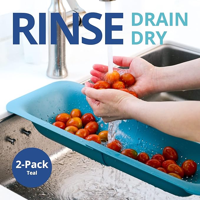 BLUE GINKGO Over the Sink Colander Strainer Basket - Wash Vegetables and Fruits, Drain Cooked Pasta and Dry Dishes - Extendable - New Home Kitchen Essentials (Green, 2 Pack)