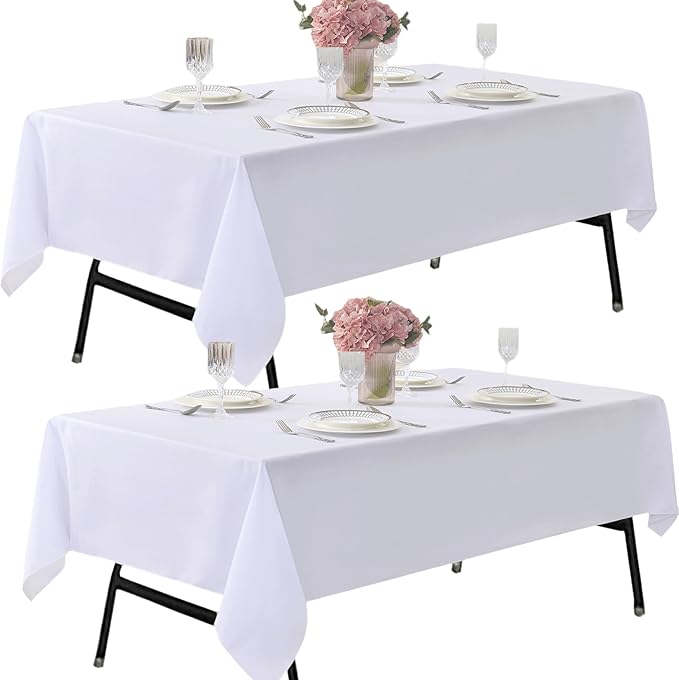 2-Pack 60x84 inch White Table Cloths, Solid Stain and Wrinkle Resistant Oblong Tablecloth, Premium Plain Weave Polyester Fabric Rectangle Table Linen Covers for Hotel, Banquet