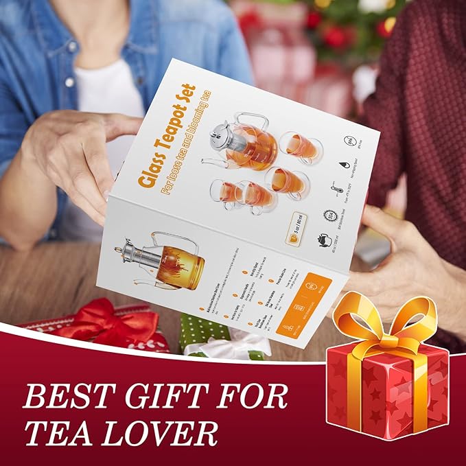 Tea Pot Set – 1200ml Glass Teapot with Removable Stainless Steel Infuser, and 4 Glass Teacups, Stovetop Safe Tea Kettle Gift Set, Blooming and Loose Leaf Tea Maker Set