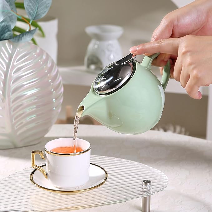 Small Ceramic Teapot With Stainless Steel Infuser, Heat Resistant, Perfect Tea Maker, Light Green 350ml/12.0oz