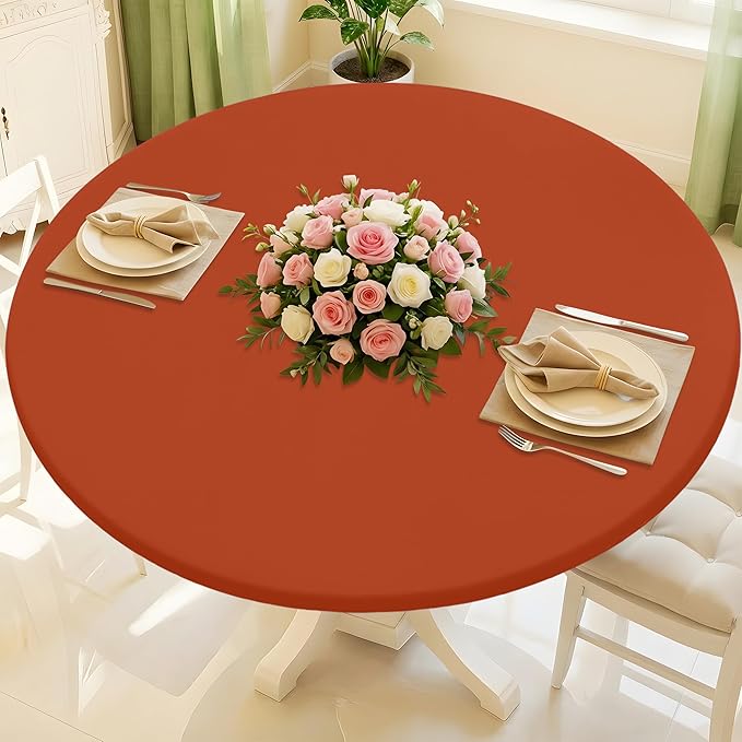 Round Spandex Tablecloth, Elastic Fitted Waterproof Tablecloths for 45"-56" Tables, Stretch Washable Picnic Table Cover for Camping, Dining, Indoor and Outdoor, Rust
