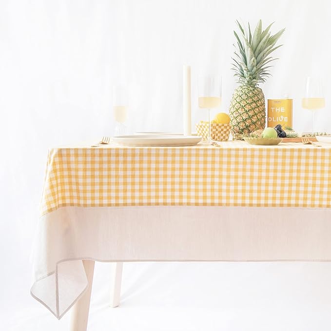 MONDAY MOOSE Gingham Checkered Farmhouse Rustic Picnic Style Decoration Rectangle Natural Stonewashed Cotton Tablecloth for Kitchen, Dining Room, Restaurant (60x102 inch, Yellow/Beige)