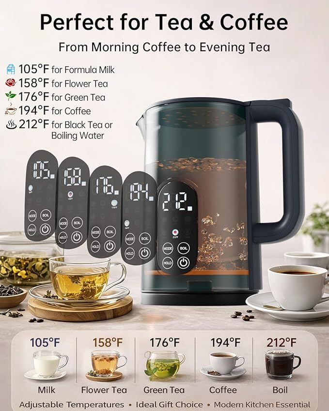 Electric Kettle with Temperature Control, 1.7L Stainless Steel Hot Water Kettle, 5 Presets for Tea & Coffee, 2H Keep Warm, Fast Boil, Auto Shut-Off & Boil-Dry Protection, Cordless Tea Kettle, Green