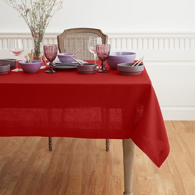 Solino Home Linen Red Tablecloth 60 x 120 Inch - 100% Pure Linen Rectangular Tablecloth - Machine Washable Table Cloth for Valentines, Winter - Fete