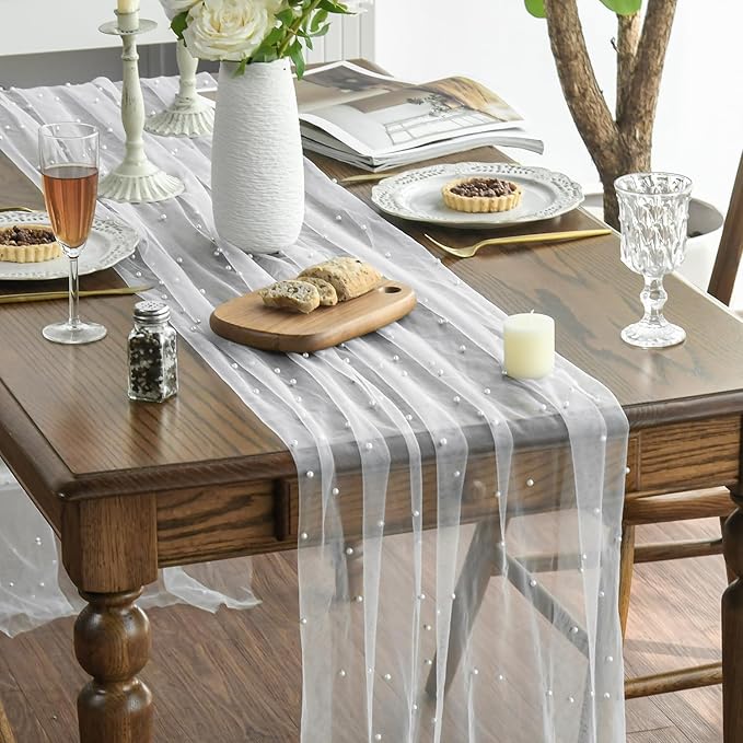 Artoid Mode 6PCS Pearl Gauze Table Runner 120 Inch 10FT, Seasonal Sheer Dining Holiday Wedding Birthday Baby Shower Table Decor for Home Party