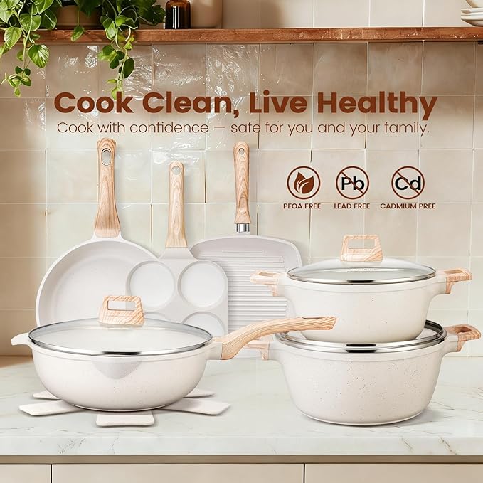 AOSION 27PCS Pots and Pans Set, Nonstick Ceramic Cookware Set, Healthy Kitchen Cooking Set with Gloves, Apron, Silicone Tools & Pot Protectors, Oven & Dishwasher Safe, PFOA/PFOS Free，Ivory