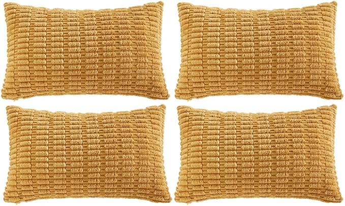 Fancy Homi 4 Packs Mustard Yellow Decorative Throw Pillow Covers 12x24 Inch for Living Room Couch Bed Sofa, Rustic Farmhouse Boho Home Decor, Soft Plush Striped Corduroy Square Cushion Case 30x60 cm