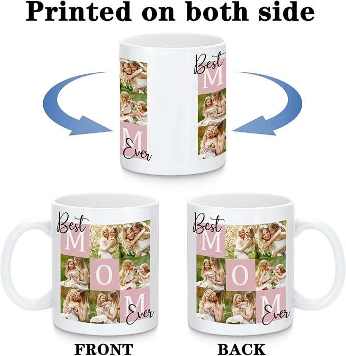 Custom Christmas Coffee Mug Gifts for Mom,11oz Personalized Ceramic Mama Cup with Photo Text & Birth Flower, Customized Birthday Gift for New Moms (Mom-6 Photos)