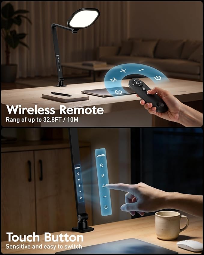 Desk Lamps for Home Office, 2000LM Eye-Caring Desk Light with Clamp, Dimmable Zoom Lighting with 3 Colors & 10 Brightness, Remote Computer Ring Light for Video Calls,Conference, Reading, CRI>97.8