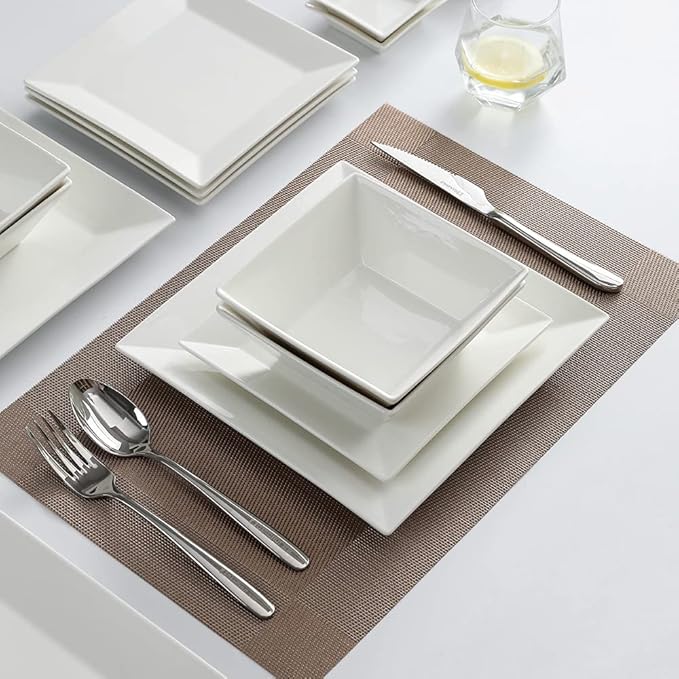 Porlien 16-Piece Classic Square Dinnerware Set for 4-Square Dinner Plates, Dessert Plates, Bowls & Dipping Saucers, Off White Dishes for 4