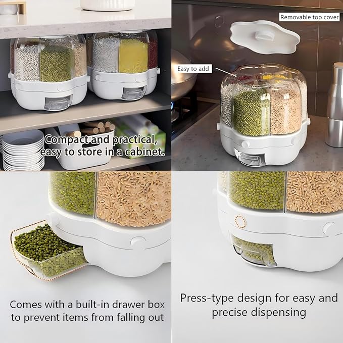 360° Rotating Candy & Grain Dispenser with 6 Compartments, One-Click Dry Food Cereal Dispenser, Large Capacity Transparent Storage Container for Rice, Grains, Nuts & Snacks (green, A)