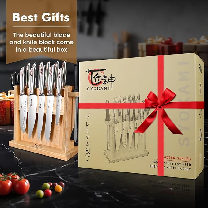 Japanese Knives Set for Kitchen, Magnetic Knife Set with Block and Sharpener, Stainless Steel Knife Set as Gift for Couple, Wedding, Women or Mom with Gift Box, 14 PCS Red Dot