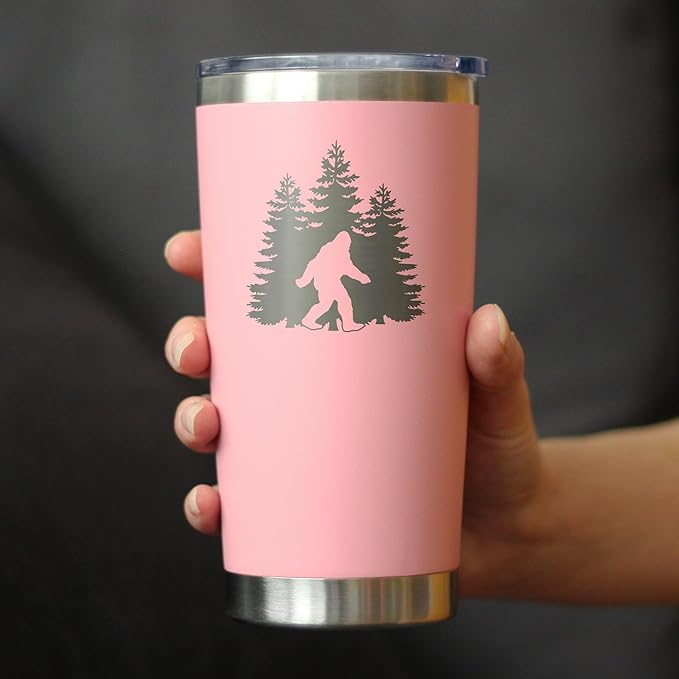 Bevvee Bigfoot - Insulated Coffee Tumbler Cup with Sliding Lid - Stainless Steel Insulated Mug - Funny Bigfoot Gifts for Sasquatch Enthusiasts - Pink