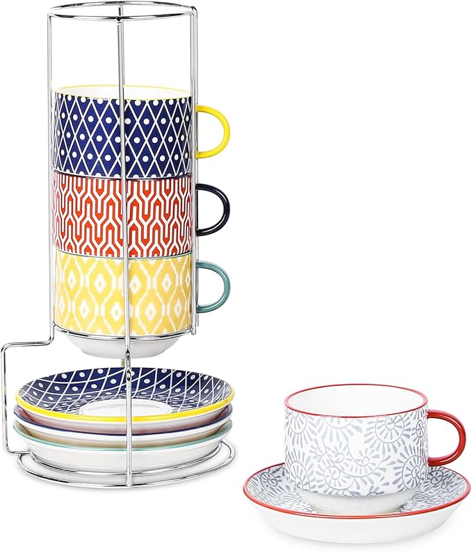Selamica Ceramic Cappuccino Cups with Saucers and Metal Stand, 8 OZ Stackable Espresso Coffee Cups for Coffee, Latte, Americano, Tea, Set of 4, Assorted Colors
