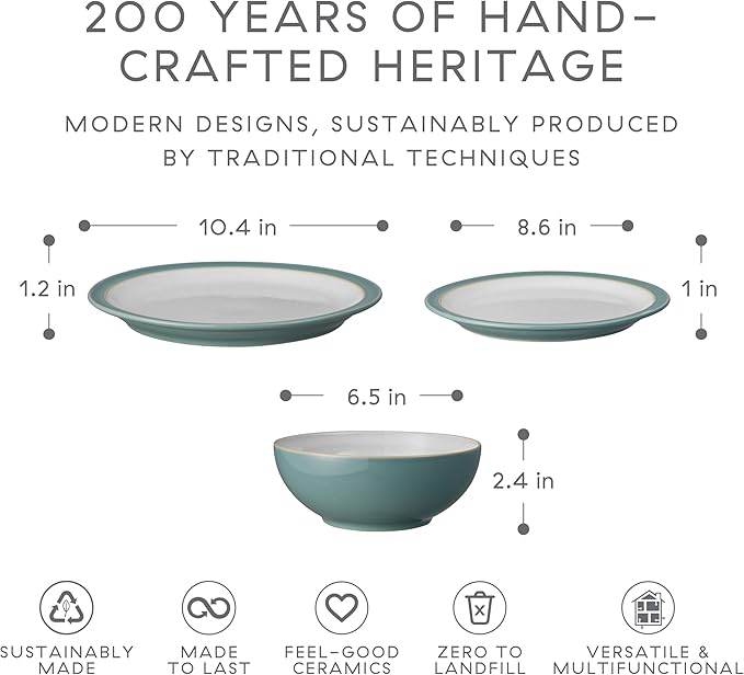 Denby - Elements Fern Green Dinner Set For 4-12 Piece Simple Ceramic Stoneware Tableware Set - Dishwasher Microwave Oven Safe - Scratch Chip Resistant