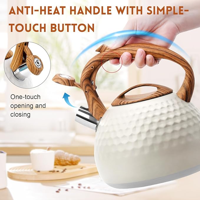 GGC Tea Kettle for Stove Top, Loud Whistling Kettle for Boiling Water Coffee or Milk, 3.1 Quart 3L Heavy Stainless Steel White Kettles with Wood Pattern Handle, Unique Button Control Kettle Outle