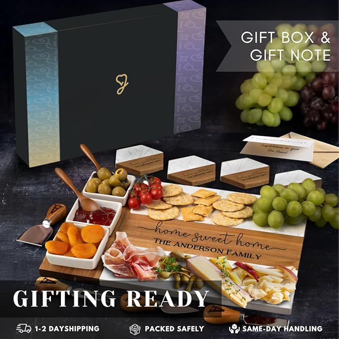 Personalized Housewarming Gifts, Custom Marble Charcuterie Cheese Board, Engraved House Warming Gifts New Home - Gift Ideas for Host, Gifts for Couples, Home Owners, Weddings