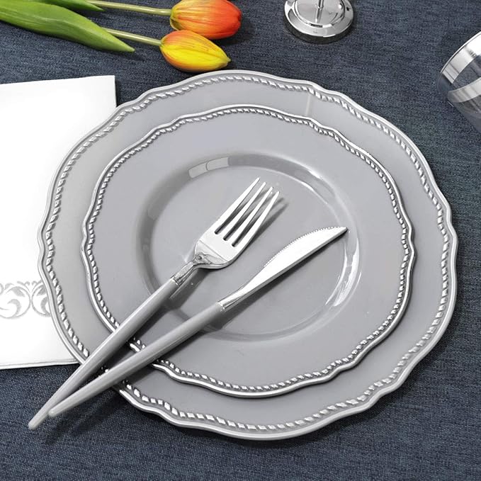 Hioasis 175pcs Grey Plastic Plates&Silver Disposable Silverware with Grey Handle&Clear Cups&Napkins Served for 25 Guests-Grey and Silver Dinnerware for Weddings&Parties,Holiday Events