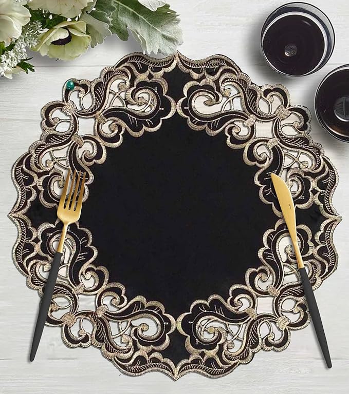 Decozen Set of 12 Doilies for Table, Lace Doilies - Rustic, Crochet, Farmhouse, Kitchen, Dining Table Centerpiece Decor - Round Christmas Placemats for Home - 15 inch Gold Black, Granada Collection