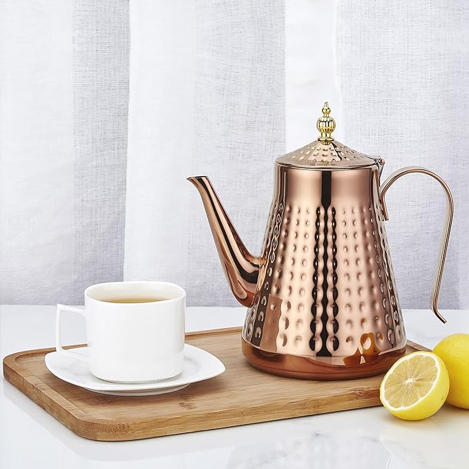 SANQIAHOME 1.8L(60oz) Stainless Steel Hammer Patterned Teapot With Removeable Infuser,Loose leaf cover,Copper