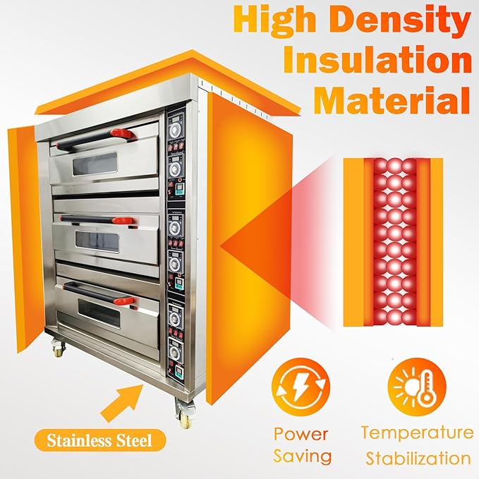 TECHTONGDA Commercial Pizza Oven Gas Heating Triple Deck Pizza Oven Stainless Steel Bread Baking Machine 6 Baking Sheets 110V for Restaurant Kitchen Bakery