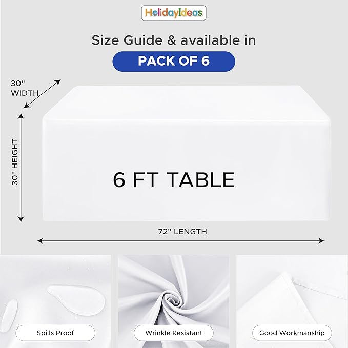 HolidayIdeas Fitted Rectangle Table Cloths 6ft Table Covers for Vendor Booth Display, Banquet, Wedding, Parties,30x72 Inch, White, 6 Pcs
