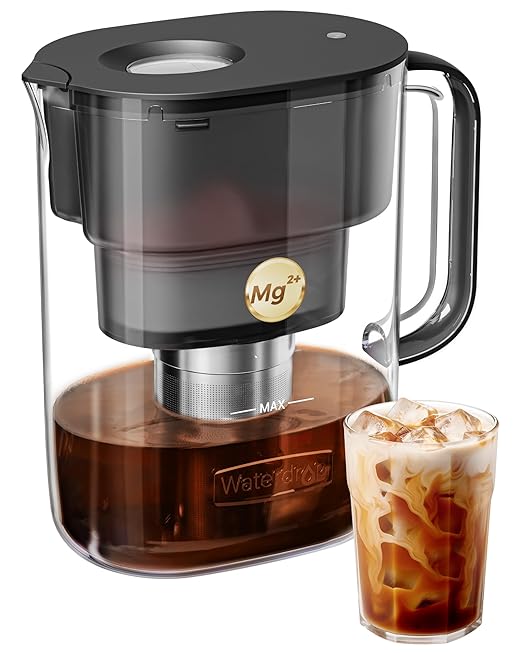 Waterdrop Cold Brew Coffee Maker with 1 Magnesium Water Filter, Well-Balanced Acidity, Unlocks Flavor and Aroma, BPA-Free, Precision Fine Mesh Filter for Iced Coffee, Tea, Lemonade, Black
