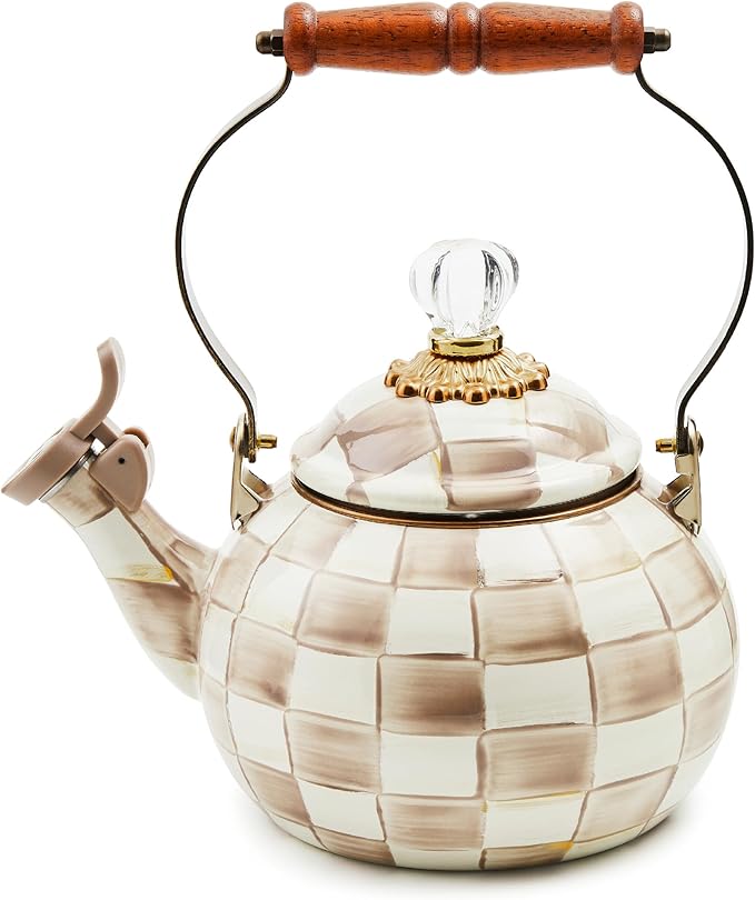 MACKENZIE-CHILDS Enamel Whistling Tea Kettle, Decorative Teapot for Stovetop, Brown-and-White Mocha Check