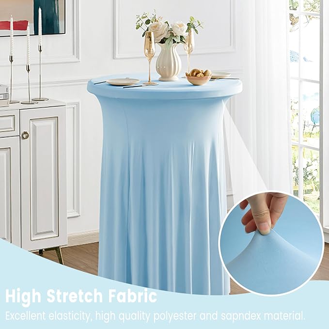 Qubjus 2 Pack Round Cocktail Tablecloth with Skirt Stretch Spandex Table Covers 24"x43" Cocktail Round Table Skirt for Party Wedding Birthday Banquet, Light Blue